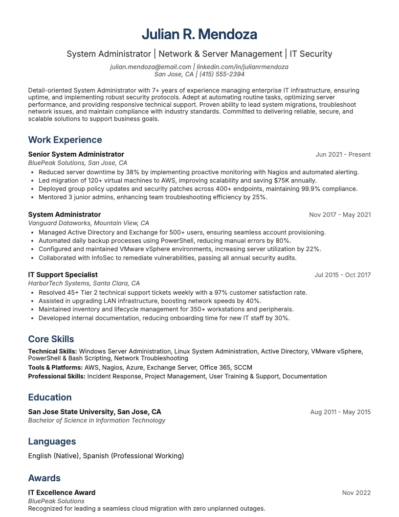 System Administrator Resume Example