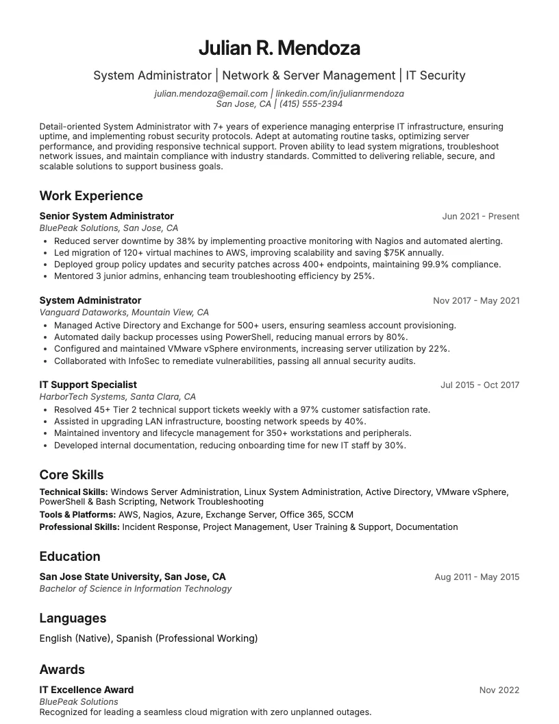 System Administrator Resume Example