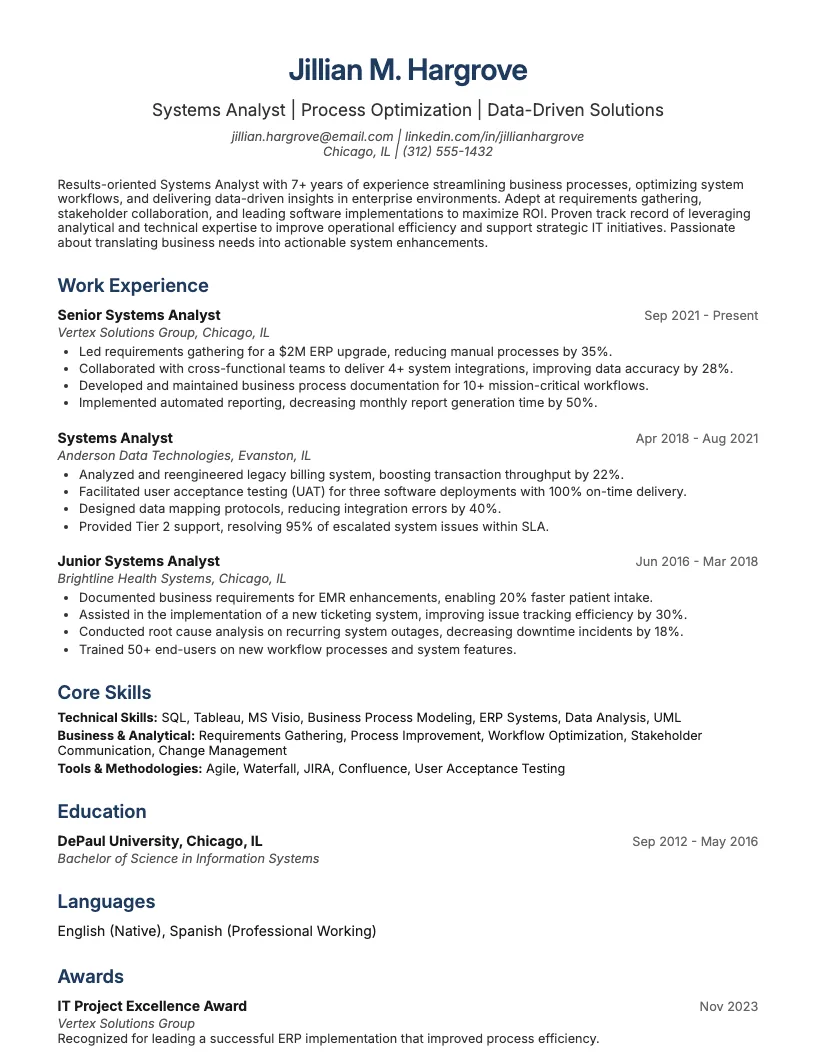 Business Systems Analyst Resume Example