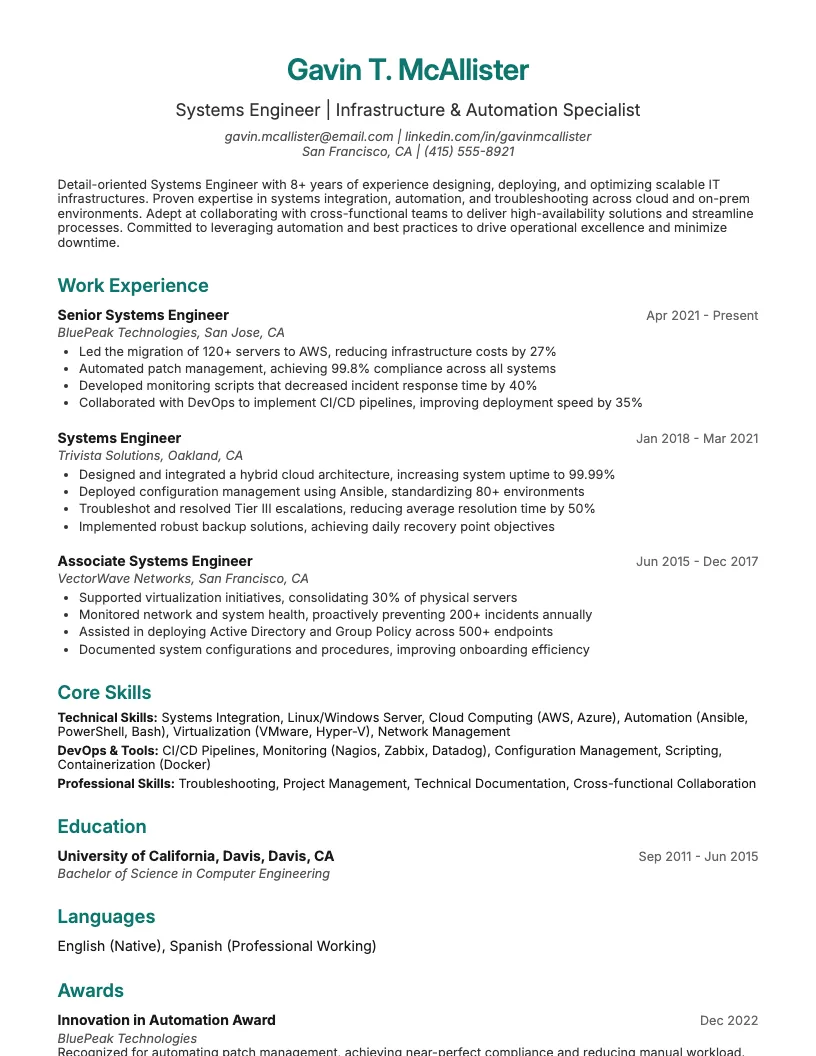 Systems Engineer Resume Example