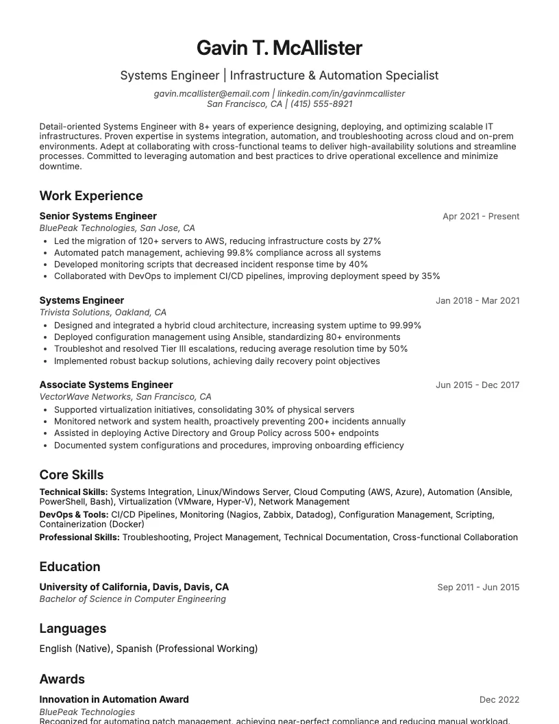 Systems Engineer Resume Example
