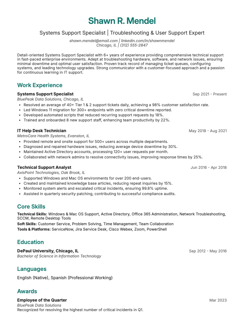 Systems Support Specialist Resume Example