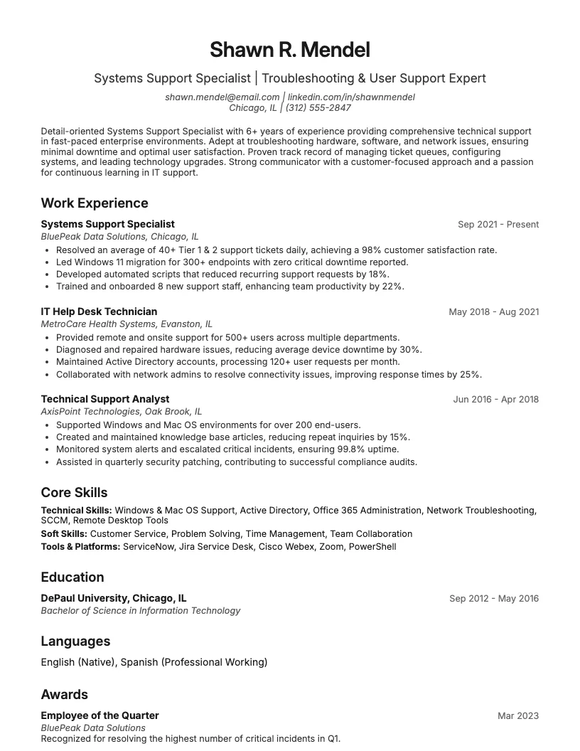 Systems Support Specialist Resume Example