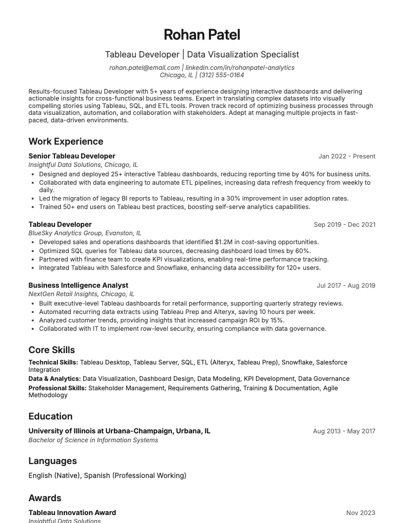 Tableau Developer Resume Example