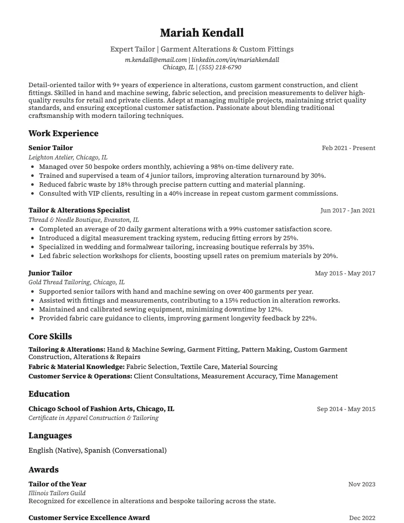Tailor Resume Example
