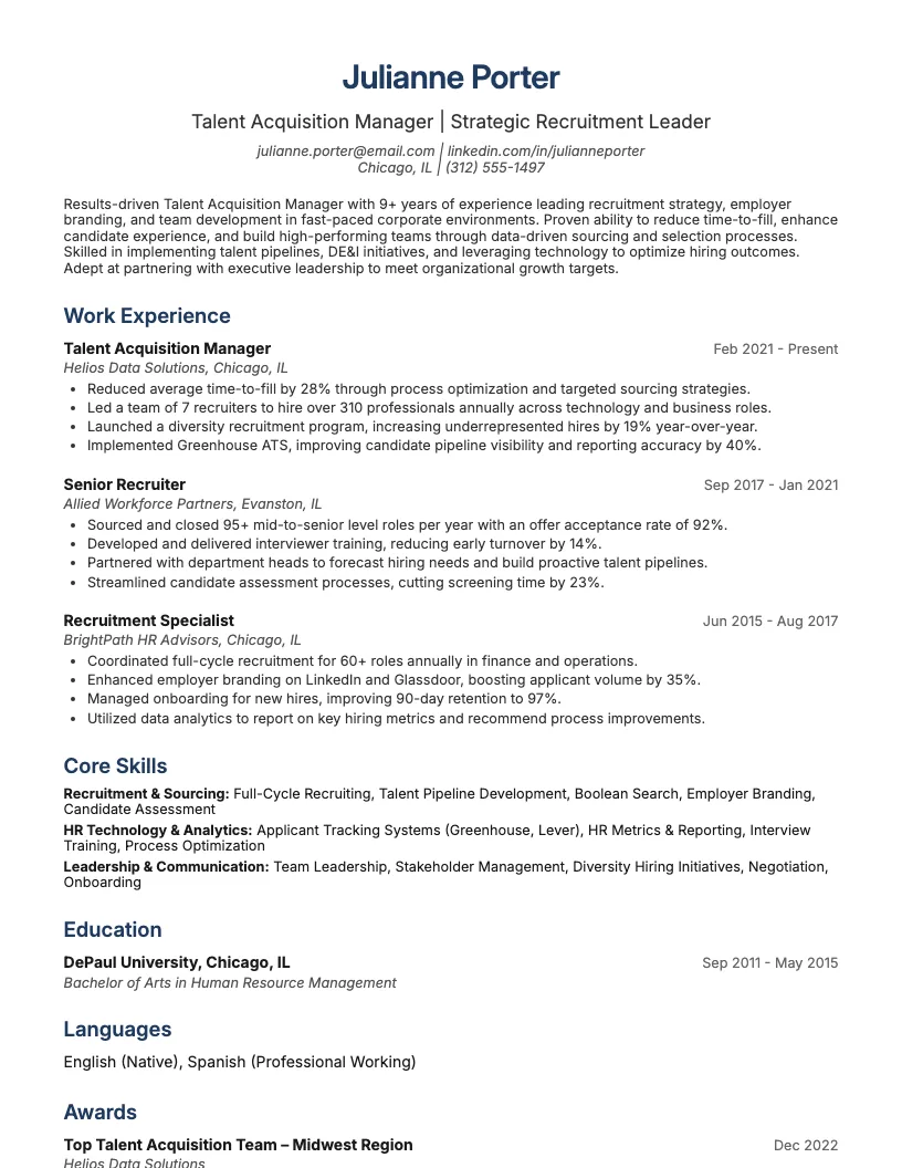 Talent Acquisition Manager Resume Example