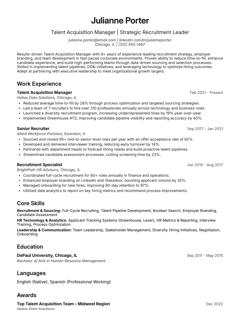 Talent Acquisition Manager Resume Example