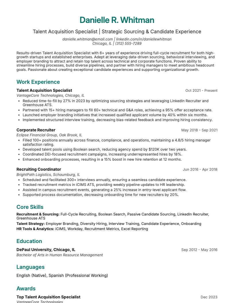 Talent Acquisition Specialist Resume Example