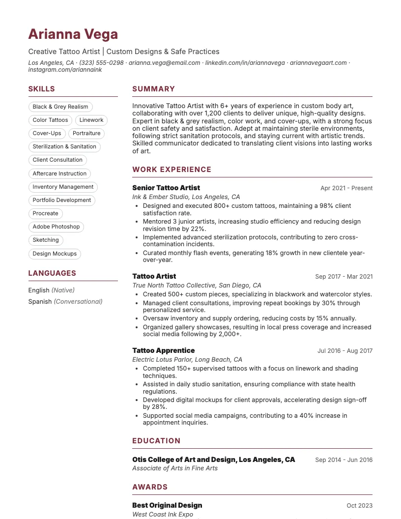 Tattoo Artist Resume Example
