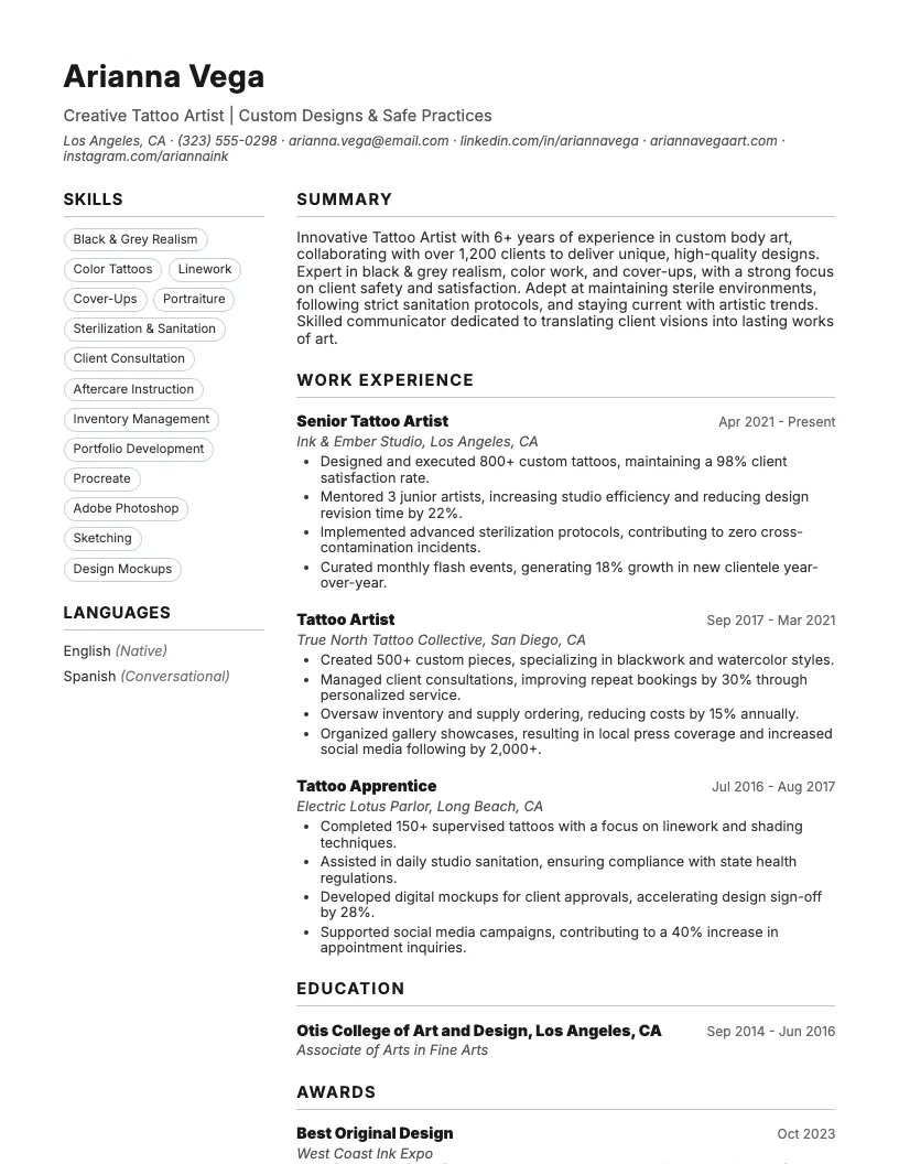 Tattoo Artist Resume Example