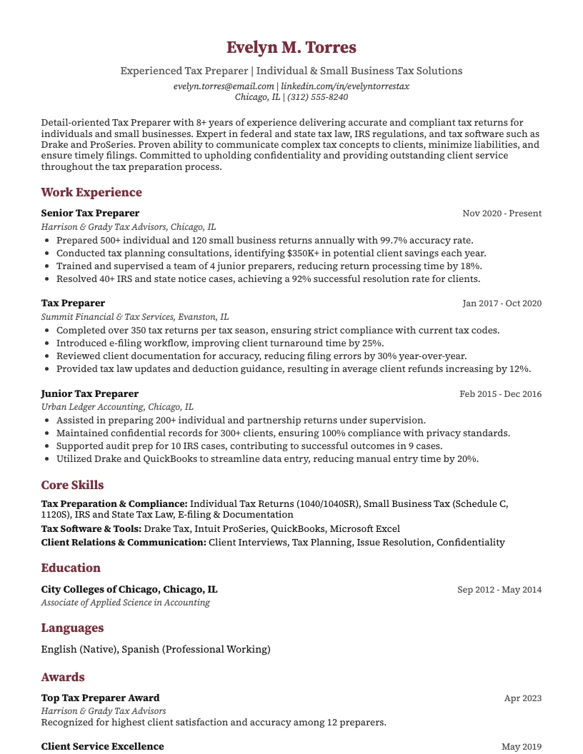 Senior Tax Preparer Resume Example