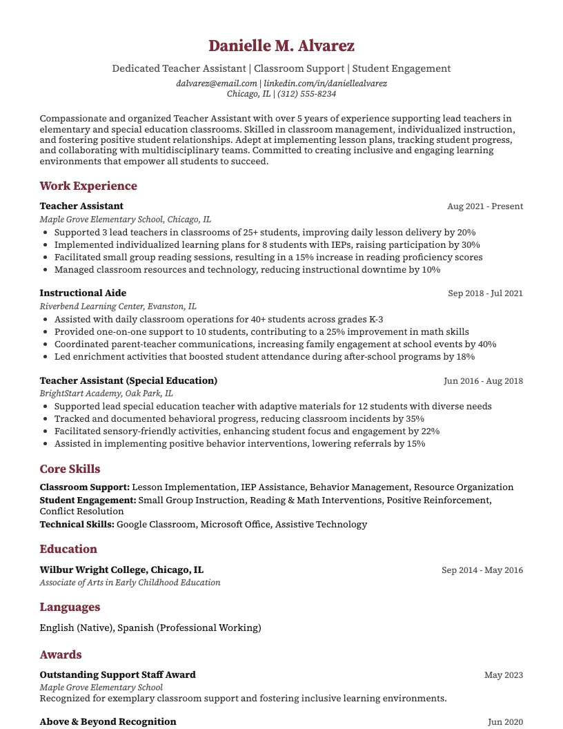 Teacher Assistant Resume Example