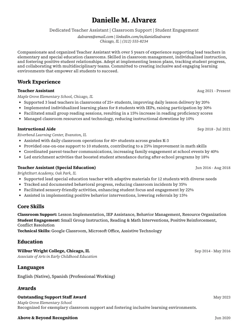 Teacher Assistant Resume Example