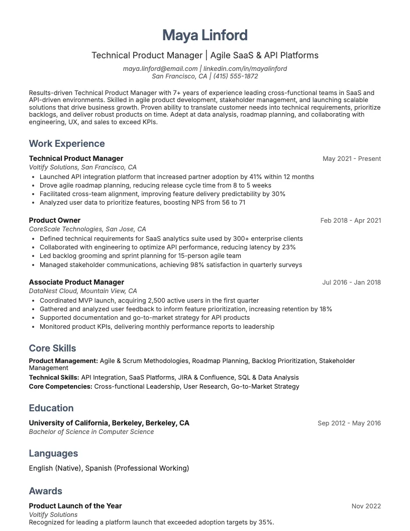 Technical Product Manager Resume Example
