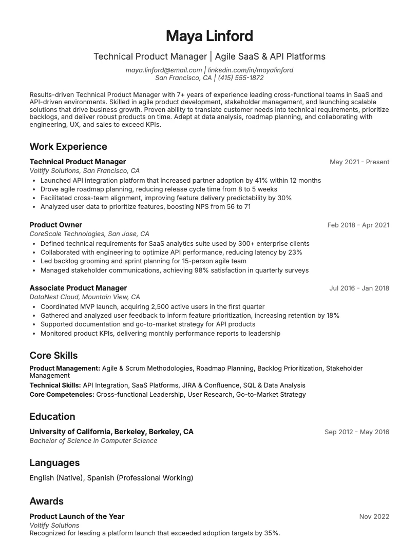 Technical Product Manager Resume Example