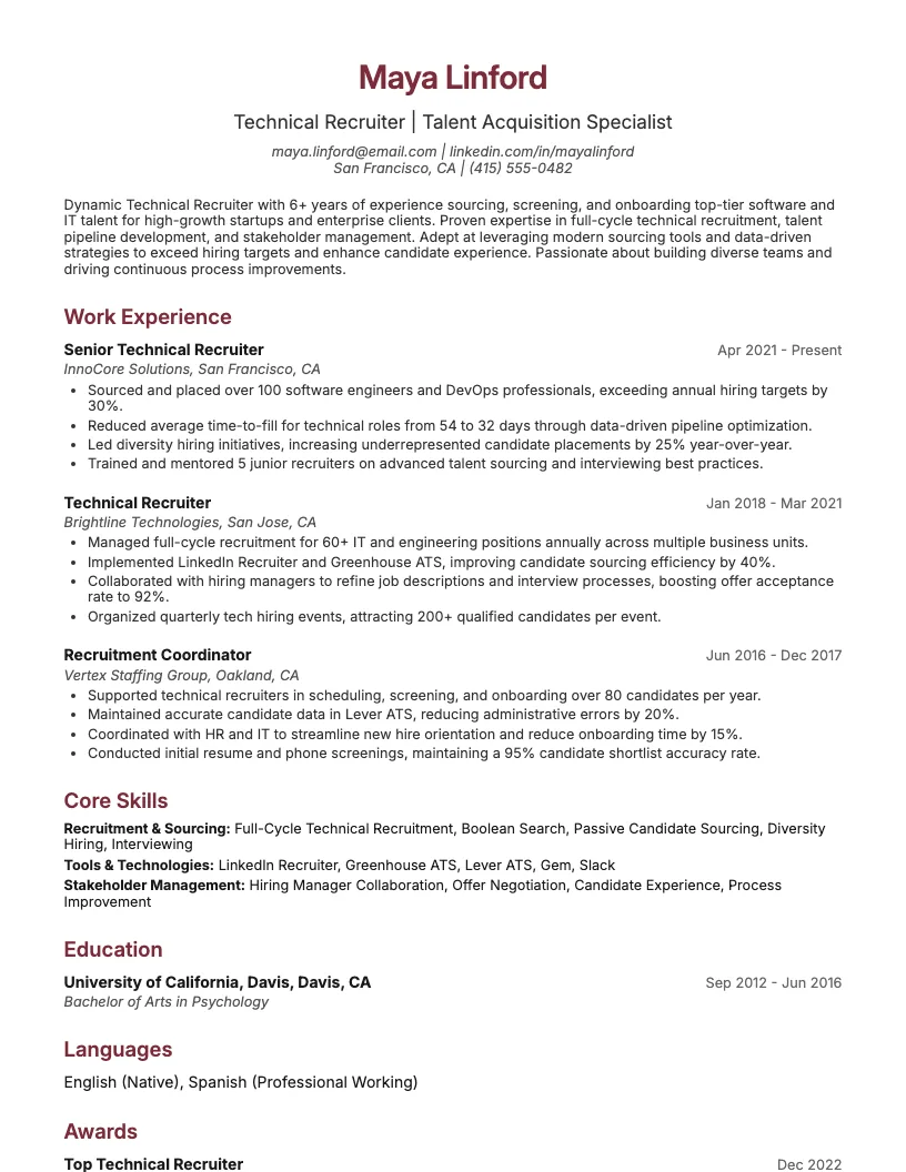 Technical Recruiter Resume Example