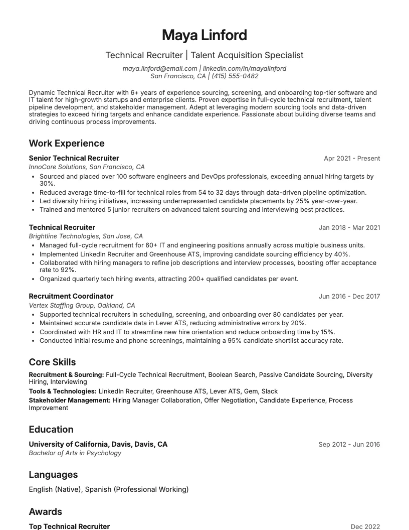 Technical Recruiter Resume Example