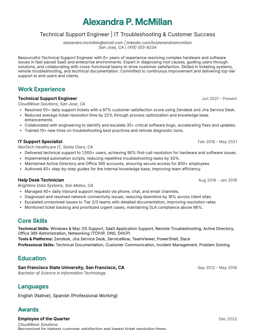 Technical Support Engineer Resume Example