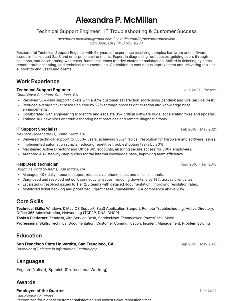 Technical Support Engineer Resume Example