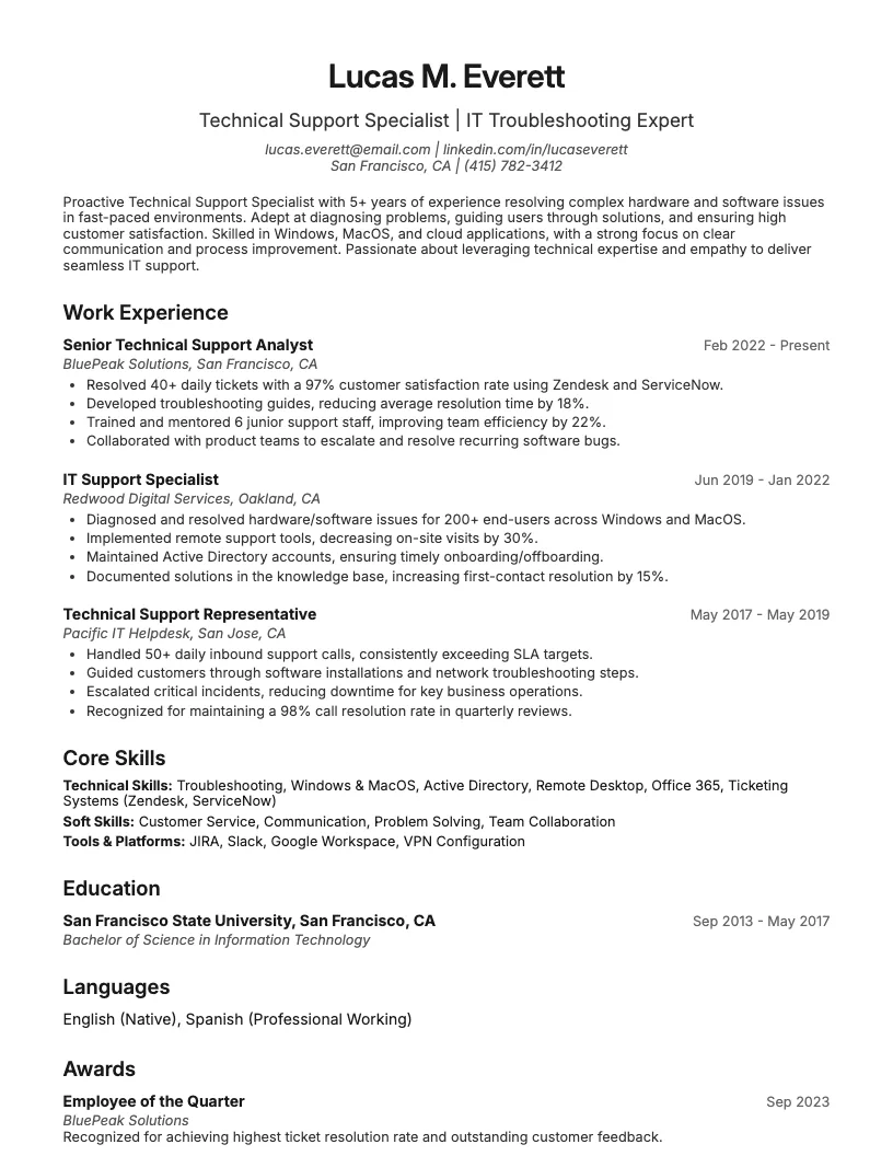 Technical Support Resume Example