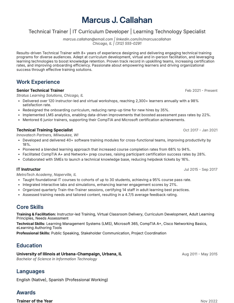 Technical Trainer Resume Example