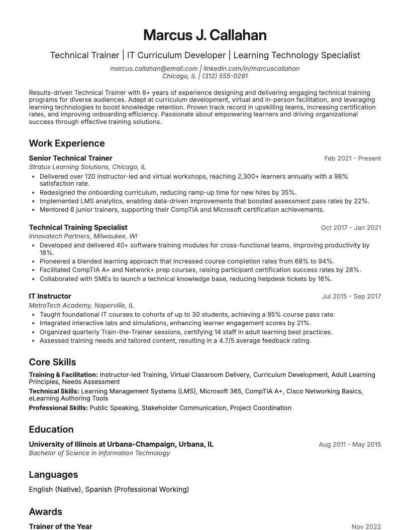 Technical Trainer Resume Example