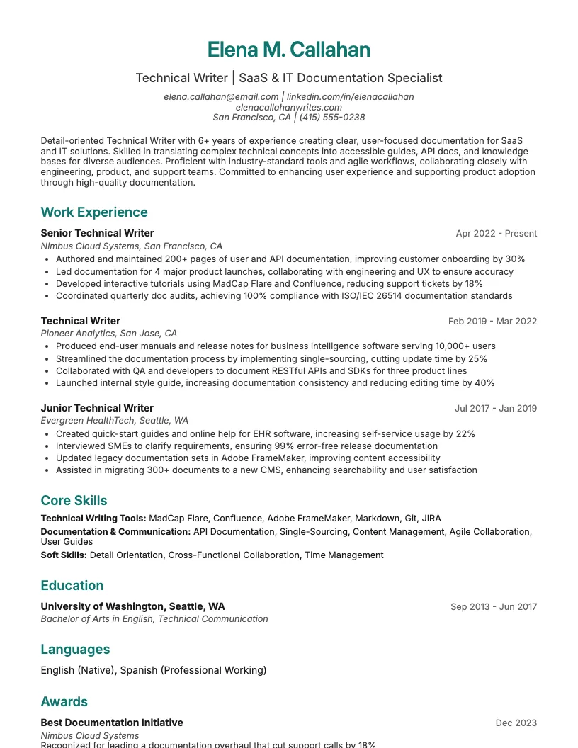 Technical Writer Resume Example