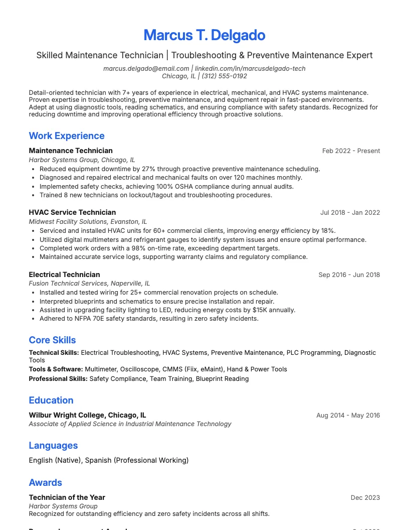 Technician Resume Example