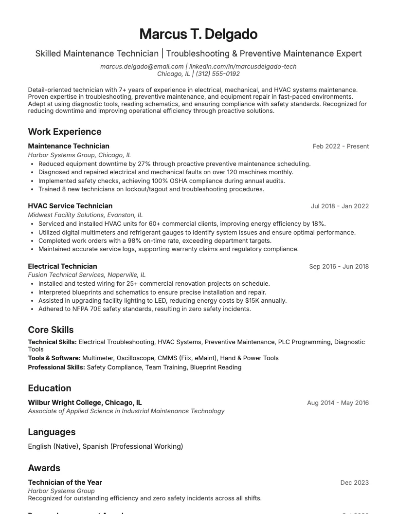 Technician Resume Example