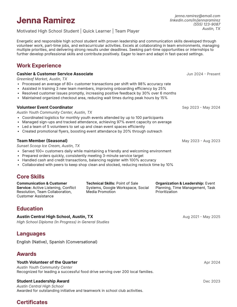 Teenage Resume Example