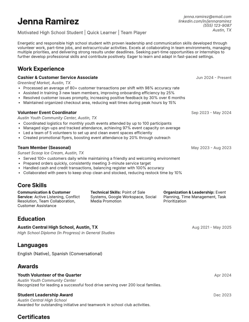 Resume for High School Student with No Experience Resume Example