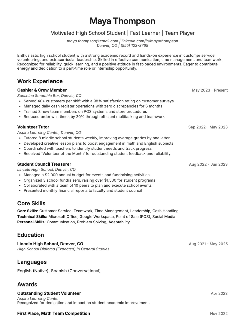 Teenager Resume Example