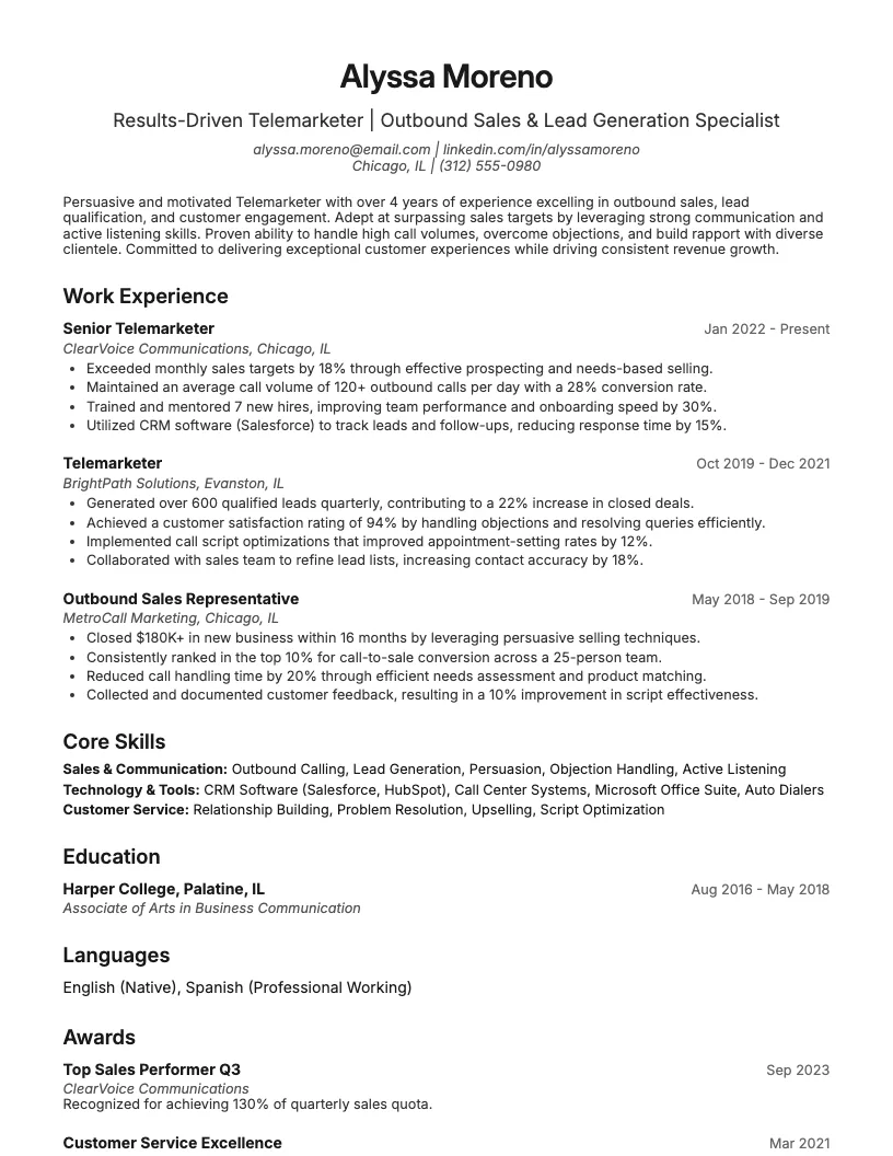 Telemarketer Resume Example