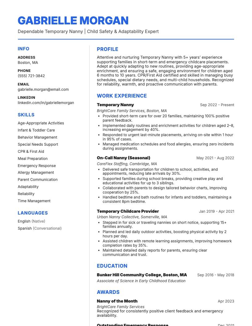 Temporary Nanny Resume Example