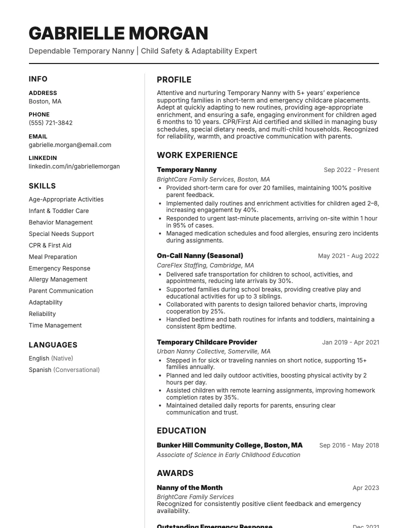 Temporary Nanny Resume Example