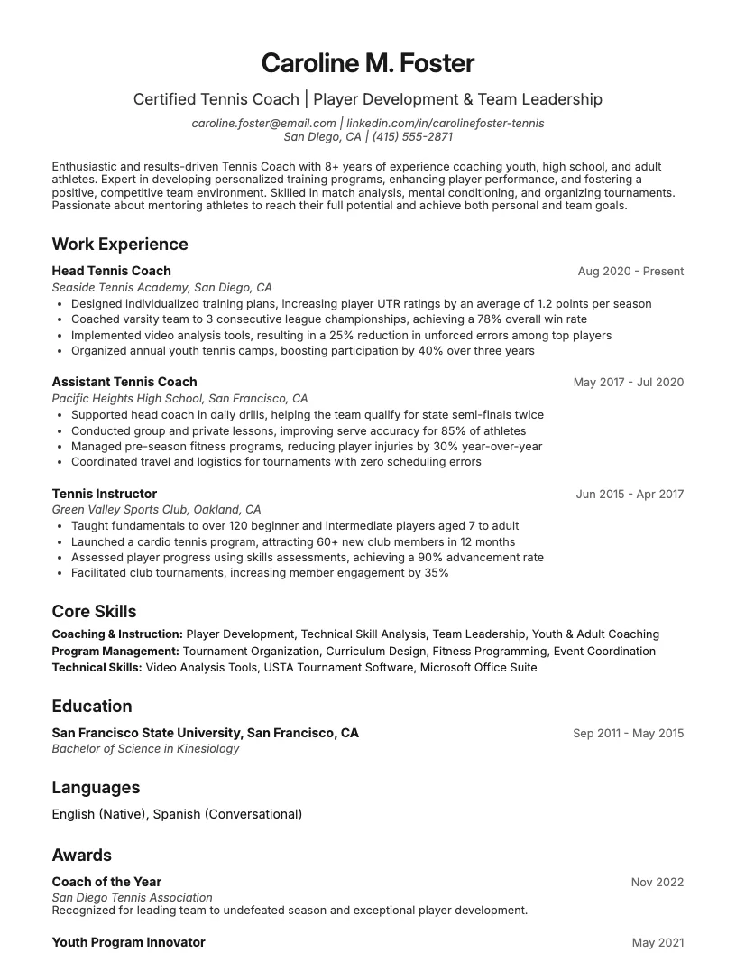 Tennis Coach Resume Example