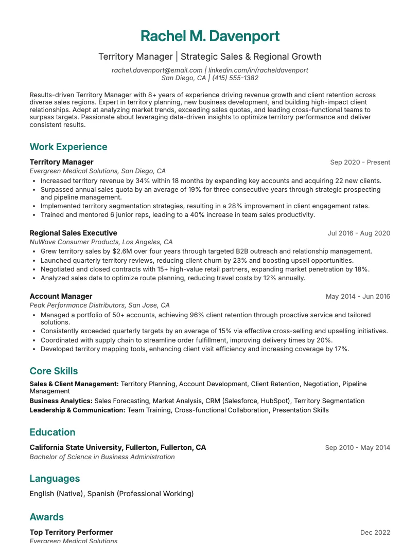 Territory Manager Resume Example