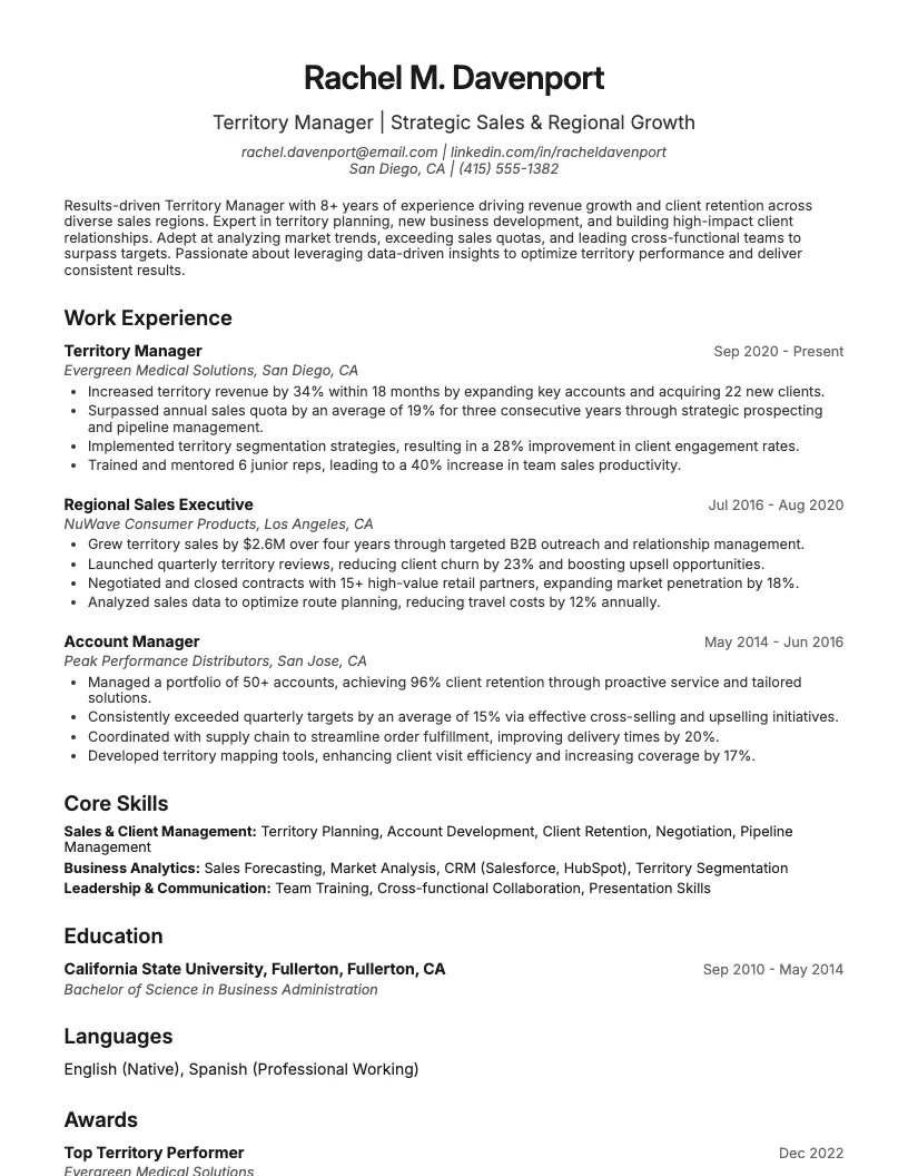 Territory Manager Resume Example