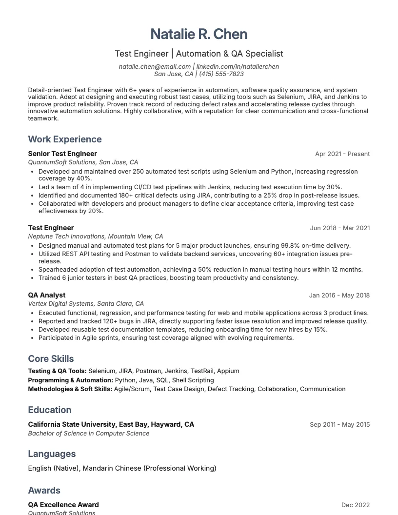 Test Engineer Resume Example