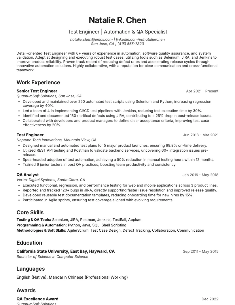 Test Engineer resume example