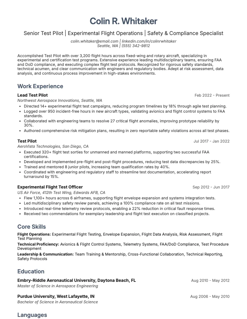 Test Pilot Resume Example