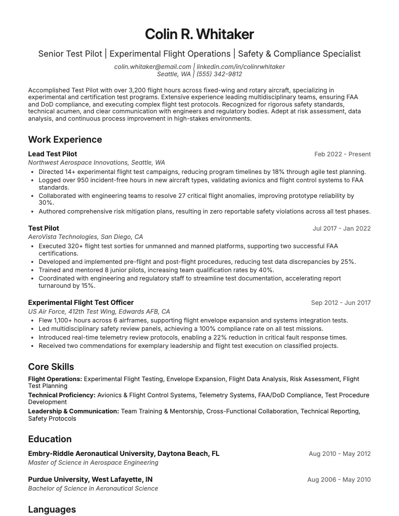 Test Pilot Resume Example