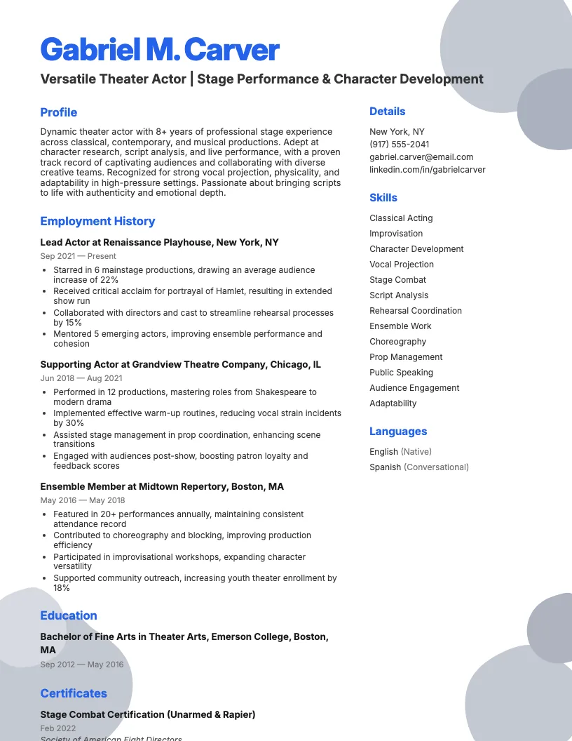 Theater Actor Resume Example
