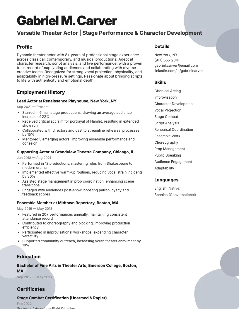 Theater Actor Resume Example