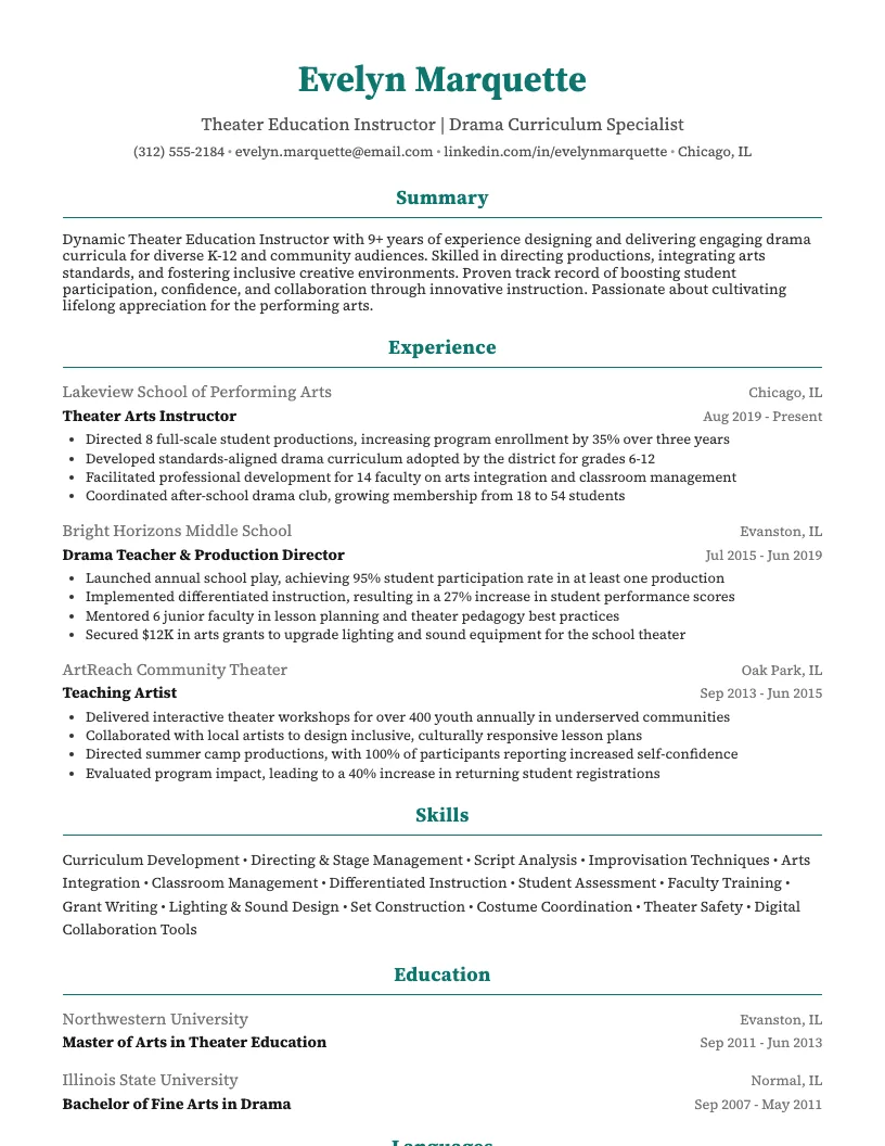 Theater Education Instructor Resume Example