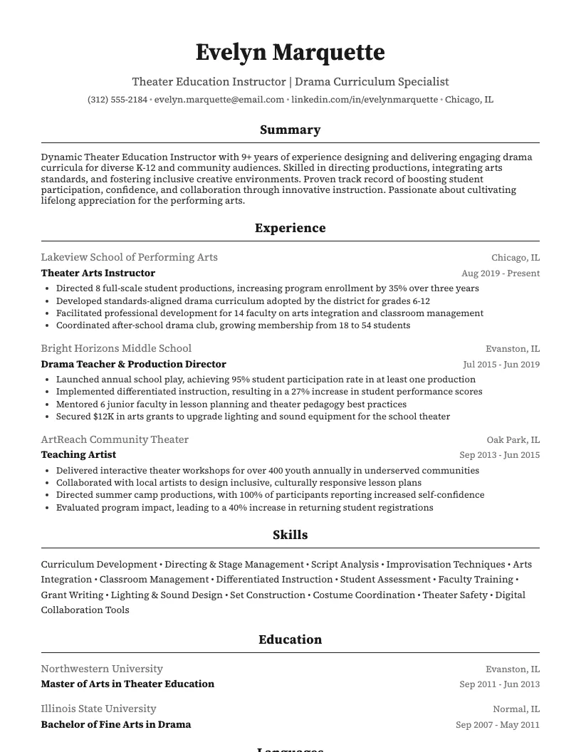Theater Education Instructor Resume Example