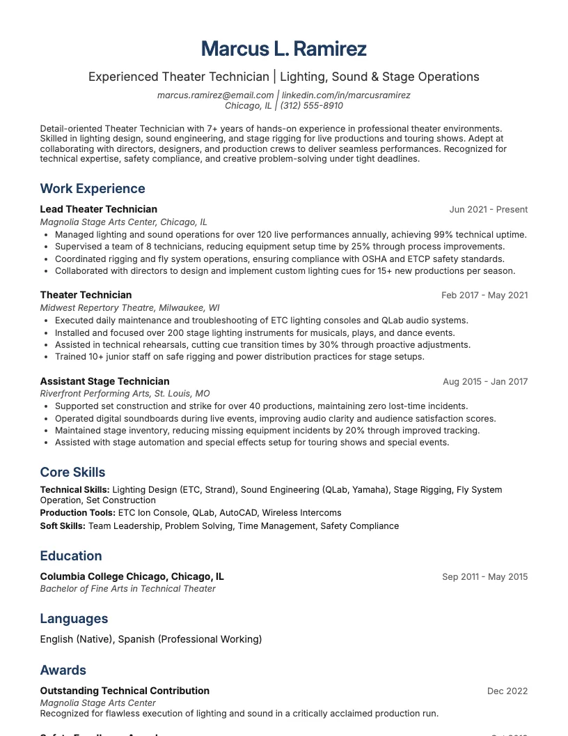 Theater Technician Resume Example