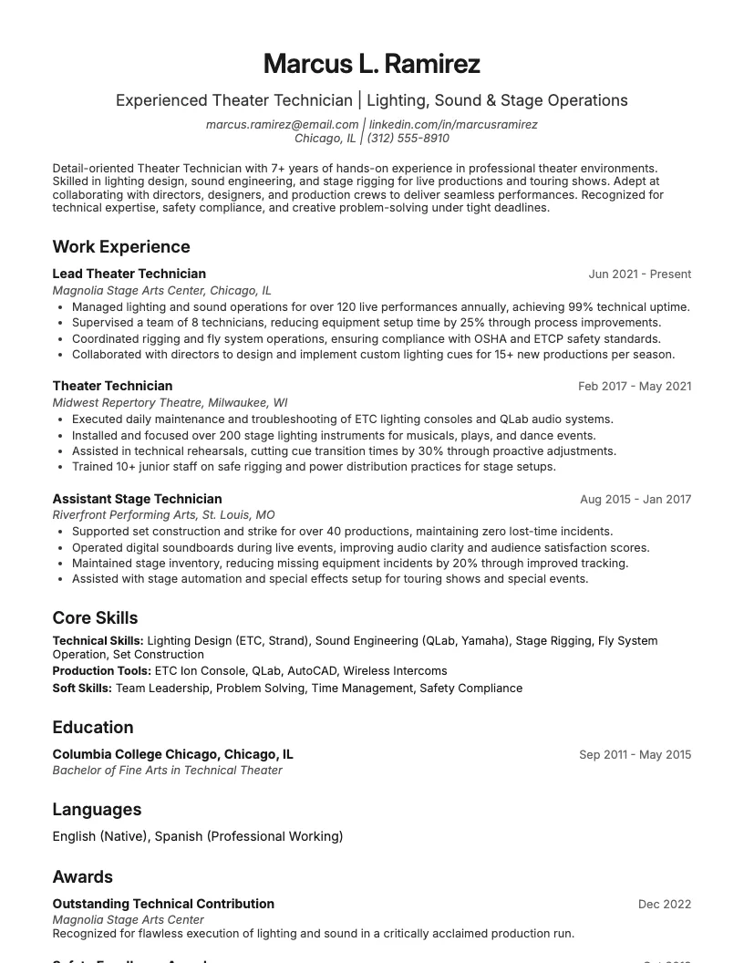 Theater Technician Resume Example