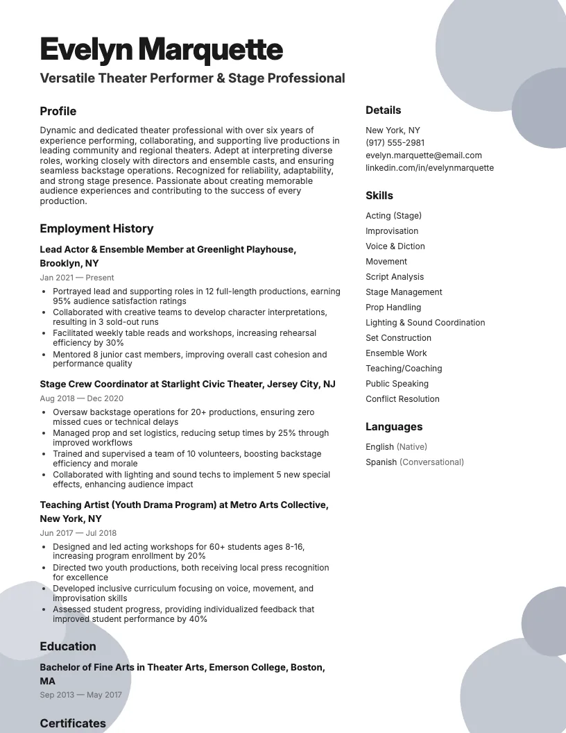 Theater Resume Template resume template