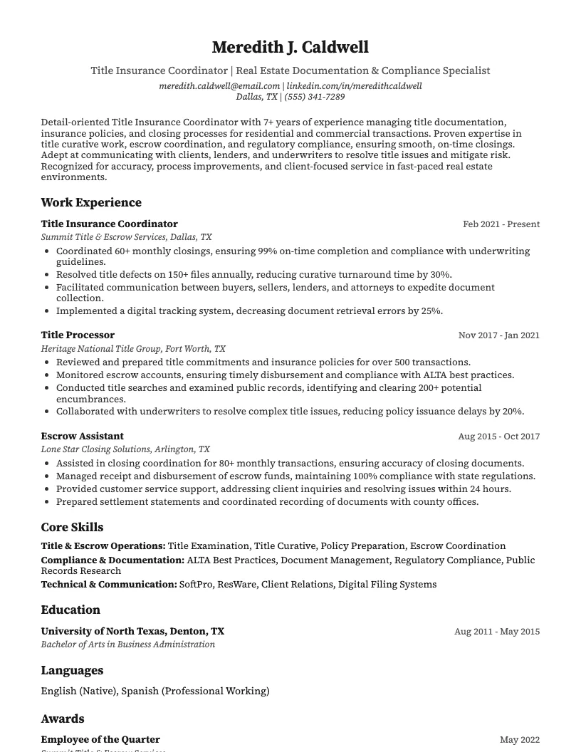 Title Insurance Coordinator Resume Example